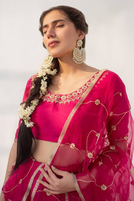 Buy_Apeksha Jain Label_Pink Cotton Silk Hand Embroidered Marodi And Lace Work Lehenga Set With Dupatta _Online_at_Aza_Fashions