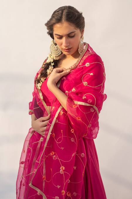 Shop_Apeksha Jain Label_Pink Cotton Silk Hand Embroidered Marodi And Lace Work Lehenga Set With Dupatta _Online_at_Aza_Fashions