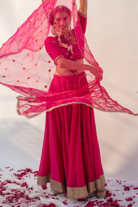 Apeksha Jain Label_Pink Cotton Silk Hand Embroidered Marodi And Lace Work Lehenga Set With Dupatta _at_Aza_Fashions