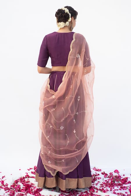 Shop_Apeksha Jain Label_Purple Cotton Silk Woven And Hand Embroidered Brocade Panelled Blouse Lehenga Set _at_Aza_Fashions
