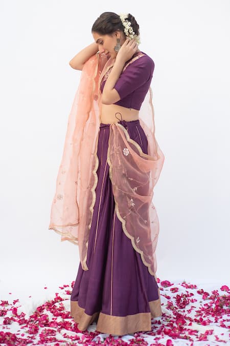 Buy_Apeksha Jain Label_Purple Cotton Silk Woven And Hand Embroidered Brocade Panelled Blouse Lehenga Set _Online_at_Aza_Fashions