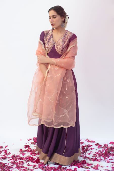 Shop_Apeksha Jain Label_Purple Cotton Silk Woven And Hand Embroidered Brocade Panelled Blouse Lehenga Set _Online_at_Aza_Fashions