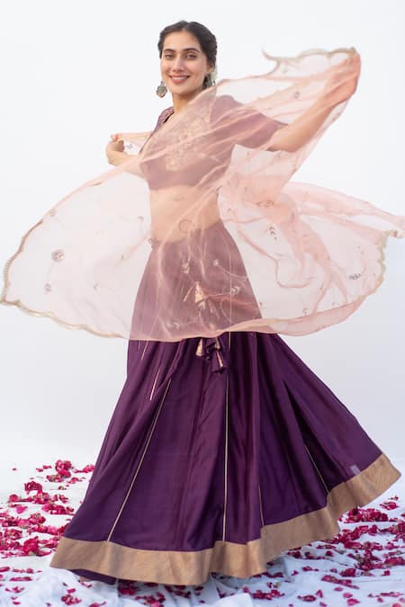 Apeksha Jain Label_Purple Cotton Silk Woven And Hand Embroidered Brocade Panelled Blouse Lehenga Set _at_Aza_Fashions