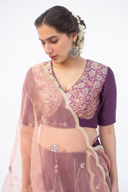 Apeksha Jain Label_Purple Cotton Silk Woven And Hand Embroidered Brocade Panelled Blouse Lehenga Set _Online_at_Aza_Fashions
