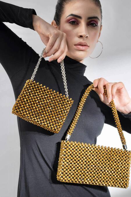 Waby Saby_Gold Embellished Me Crystal Bead Bag_Online_at_Aza_Fashions