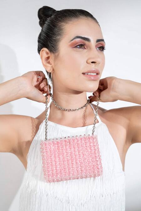 Waby Saby_Pink Embellished Mini Me Crystal Bead Bag_Online_at_Aza_Fashions