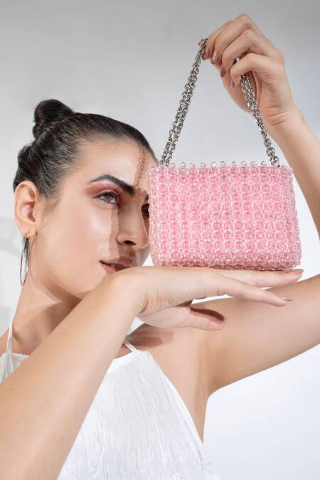 Shop_Waby Saby_Pink Embellished Mini Me Crystal Bead Bag_Online_at_Aza_Fashions