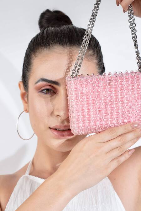 Waby Saby_Pink Embellished Mini Me Crystal Bead Bag_at_Aza_Fashions