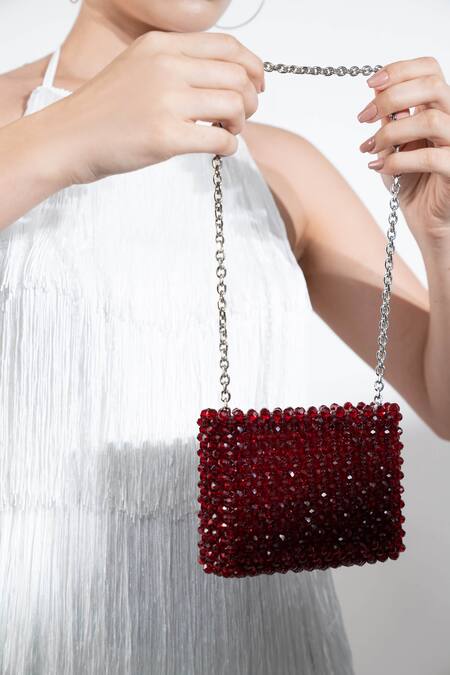 Waby Saby_Red Embellished Crystal Bead Bag_Online_at_Aza_Fashions