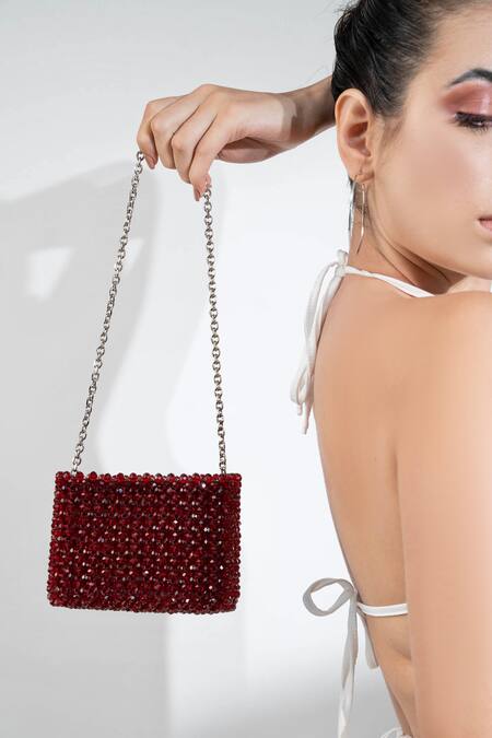 Buy_Waby Saby_Red Embellished Crystal Bead Bag_Online_at_Aza_Fashions