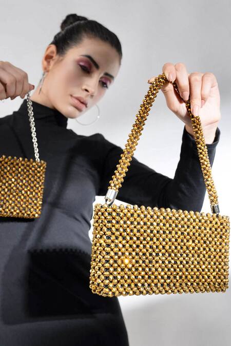 Buy_Waby Saby_Gold Embellished Crystal Bead Bag_Online_at_Aza_Fashions