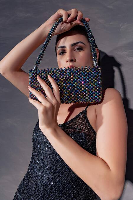 Waby Saby_Multi Color Embellished Holographic Crystal Bead Bag_Online_at_Aza_Fashions