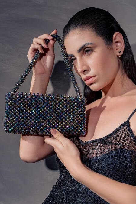 Buy_Waby Saby_Multi Color Embellished Holographic Crystal Bead Bag_Online_at_Aza_Fashions