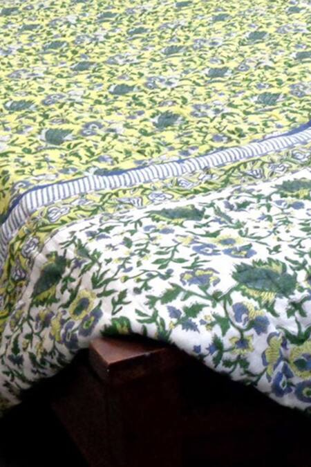 Shop_Cocobee_Green Cotton Printed Flower Hand Block Quilt _at_Aza_Fashions