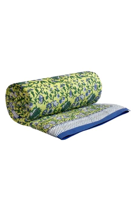 Cocobee_Green Cotton Printed Flower Hand Block Quilt _Online_at_Aza_Fashions