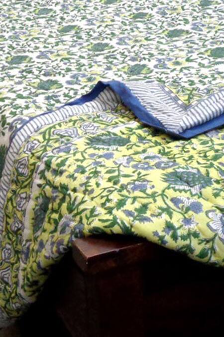 Buy_Cocobee_Green Cotton Printed Flower Hand Block Quilt _Online_at_Aza_Fashions