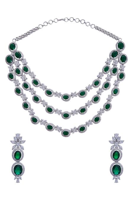 Shop_Moh-Maya By Disha Khatri_Silver Plated Crystals, Stones Emerald Necklace Set_at_Aza_Fashions