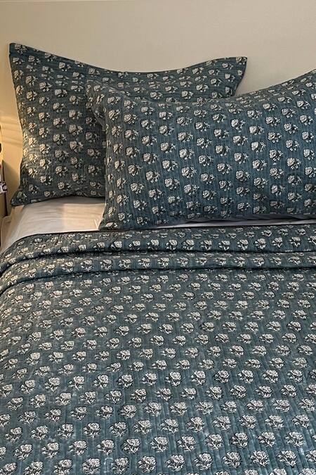 Shop_Cocobee_Blue Cotton Printed Hand Block Bedcover Set _at_Aza_Fashions