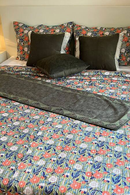 Shop_Cocobee_Multi Color Cotton Printed Stitchline Embroidered Bedcover Set _at_Aza_Fashions