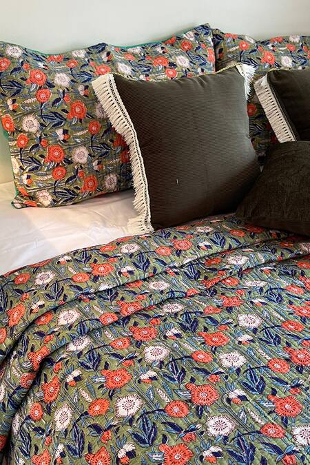 Cocobee_Multi Color Cotton Printed Stitchline Embroidered Bedcover Set _Online_at_Aza_Fashions