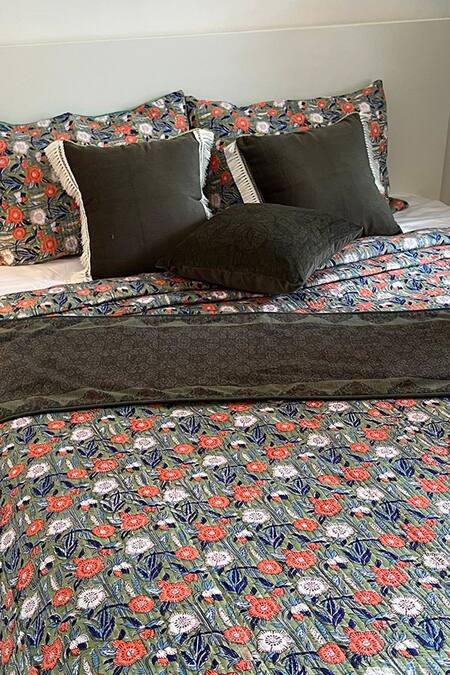 Buy_Cocobee_Multi Color Cotton Printed Stitchline Embroidered Bedcover Set _Online_at_Aza_Fashions
