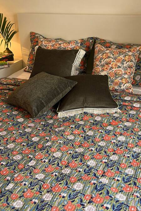 Shop_Cocobee_Multi Color Cotton Printed Stitchline Embroidered Bedcover Set _Online_at_Aza_Fashions