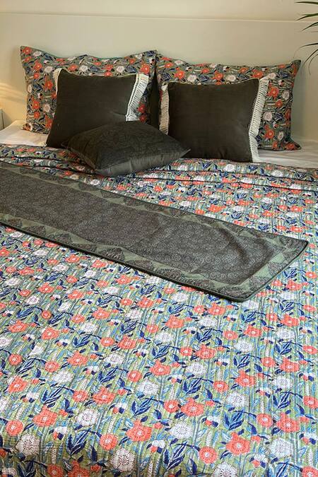 Cocobee_Multi Color Cotton Printed Stitchline Embroidered Bedcover Set _at_Aza_Fashions