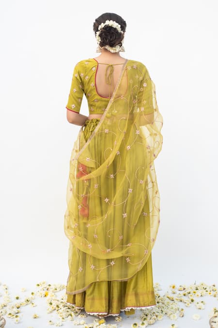 Shop_Apeksha Jain Label_Green Cotton Silk Hand Embroidered Marodi Round Neck Blouse Lehenga Set _at_Aza_Fashions