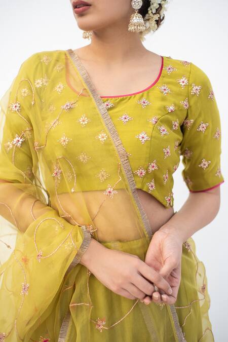 Shop_Apeksha Jain Label_Green Cotton Silk Hand Embroidered Marodi Round Neck Blouse Lehenga Set _Online_at_Aza_Fashions