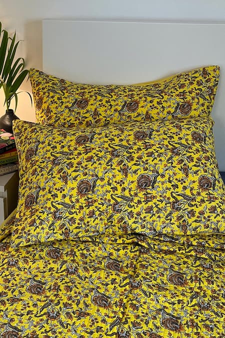 Shop_Cocobee_Yellow Cotton Printed Floral Hand Block Bedcover Set _at_Aza_Fashions