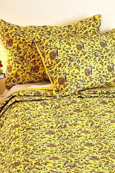 Cocobee_Yellow Cotton Printed Floral Hand Block Bedcover Set _Online_at_Aza_Fashions