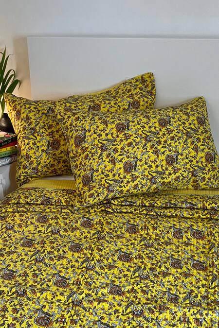Buy_Cocobee_Yellow Cotton Printed Floral Hand Block Bedcover Set _Online_at_Aza_Fashions