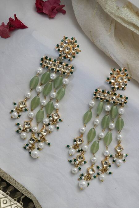 Shop Paisley Pop Gold Plated Kundan, Stones And Seed Pearls Embellished Earrings at Aza Fashions Shop_Paisley Pop_Gold Plated Kundan, Stones And Seed Pearls Embellished Earrings_at_Aza_Fashions