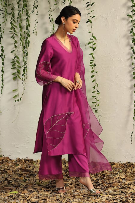 Charkhee Pink Chanderi, Cotton Satin, Organza Cut Work, Embroidery Leaf Kurta Pant Set Online at Aza Fashions Charkhee_Pink Chanderi, Cotton Satin, Organza Cut Work, Embroidery Leaf Kurta Pant Set _Online_at_Aza_Fashions