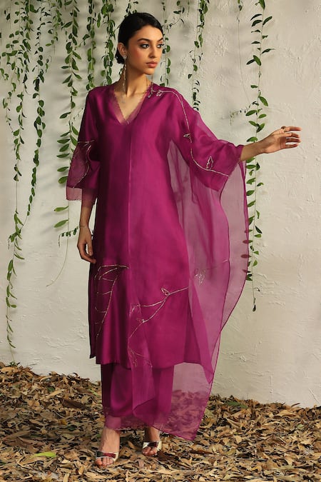 Buy Charkhee Pink Chanderi, Cotton Satin, Organza Cut Work, Embroidery Leaf Kurta Pant Set Online at Aza Fashions Buy_Charkhee_Pink Chanderi, Cotton Satin, Organza Cut Work, Embroidery Leaf Kurta Pant Set _Online_at_Aza_Fashions