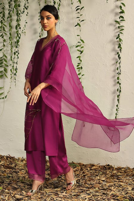 Shop Charkhee Pink Chanderi, Cotton Satin, Organza Cut Work, Embroidery Leaf Kurta Pant Set Online at Aza Fashions Shop_Charkhee_Pink Chanderi, Cotton Satin, Organza Cut Work, Embroidery Leaf Kurta Pant Set _Online_at_Aza_Fashions
