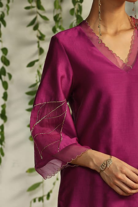 Charkhee Pink Chanderi, Cotton Satin, Organza Cut Work, Embroidery Leaf Kurta Pant Set at Aza Fashions Charkhee_Pink Chanderi, Cotton Satin, Organza Cut Work, Embroidery Leaf Kurta Pant Set _at_Aza_Fashions