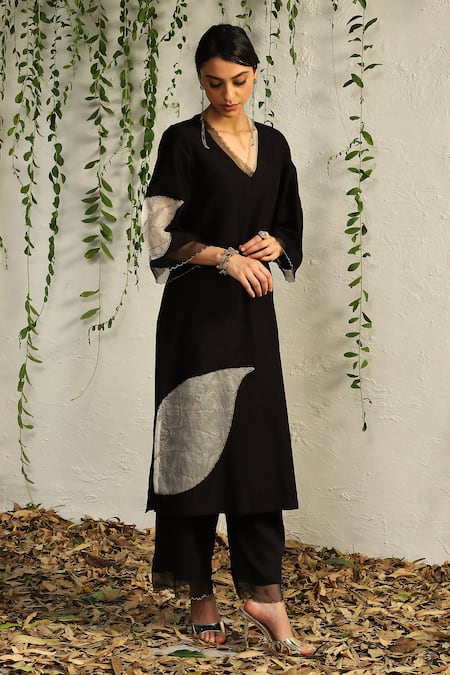 Shop_Charkhee_Black Chanderi, Cotton Satin, Organza Cut Work, Leaf Pattern Kurta Pant Set _Online_at_Aza_Fashions