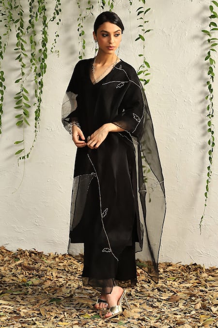 Charkhee_Black Chanderi, Cotton Satin, Organza Cut Work, Leaf Pattern Kurta Pant Set _at_Aza_Fashions