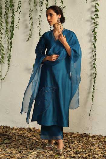 Buy Charkhee Blue Chanderi, Cotton Satin, Organza Cut Work, Leaf Embroidered Kurta Pant Set at Aza Fashions Buy_Charkhee_Blue Chanderi, Cotton Satin, Organza Cut Work, Leaf Embroidered Kurta Pant Set _at_Aza_Fashions