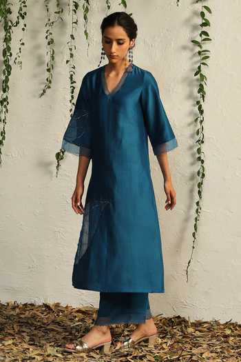 Charkhee Blue Chanderi, Cotton Satin, Organza Cut Work, Leaf Embroidered Kurta Pant Set Online at Aza Fashions Charkhee_Blue Chanderi, Cotton Satin, Organza Cut Work, Leaf Embroidered Kurta Pant Set _Online_at_Aza_Fashions