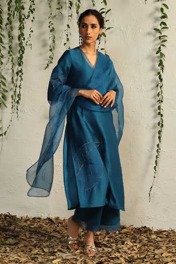 Buy Charkhee Blue Chanderi, Cotton Satin, Organza Cut Work, Leaf Embroidered Kurta Pant Set Online at Aza Fashions Buy_Charkhee_Blue Chanderi, Cotton Satin, Organza Cut Work, Leaf Embroidered Kurta Pant Set _Online_at_Aza_Fashions