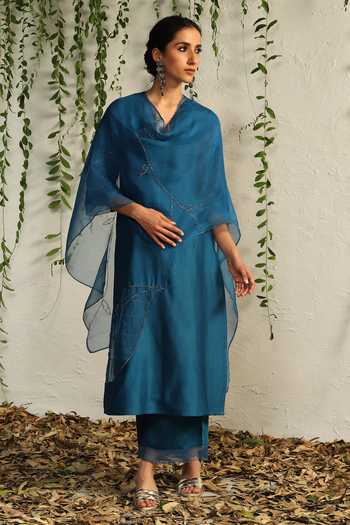 Shop Charkhee Blue Chanderi, Cotton Satin, Organza Cut Work, Leaf Embroidered Kurta Pant Set Online at Aza Fashions Shop_Charkhee_Blue Chanderi, Cotton Satin, Organza Cut Work, Leaf Embroidered Kurta Pant Set _Online_at_Aza_Fashions
