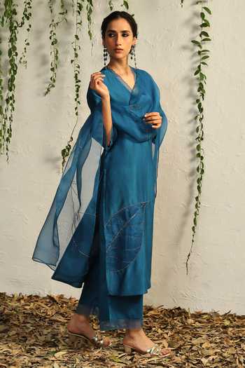Charkhee Blue Chanderi, Cotton Satin, Organza Cut Work, Leaf Embroidered Kurta Pant Set at Aza Fashions Charkhee_Blue Chanderi, Cotton Satin, Organza Cut Work, Leaf Embroidered Kurta Pant Set _at_Aza_Fashions