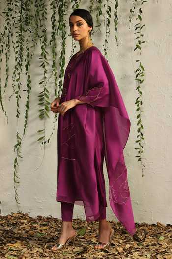 Charkhee_Pink Chanderi, Satin, Embroidery Nakshi And Zari Kurta Pant Set _Online_at_Aza_Fashions