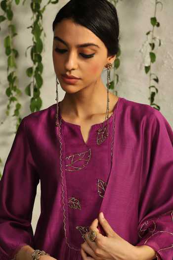 Buy_Charkhee_Pink Chanderi, Satin, Embroidery Nakshi And Zari Kurta Pant Set _Online_at_Aza_Fashions