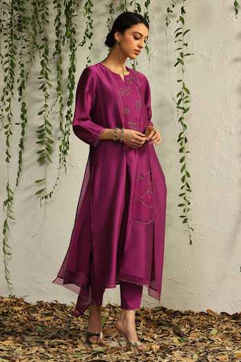 Shop_Charkhee_Pink Chanderi, Satin, Embroidery Nakshi And Zari Kurta Pant Set _Online_at_Aza_Fashions