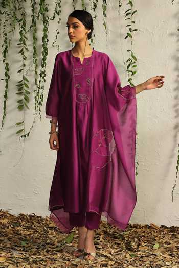 Charkhee_Pink Chanderi, Satin, Embroidery Nakshi And Zari Kurta Pant Set _at_Aza_Fashions