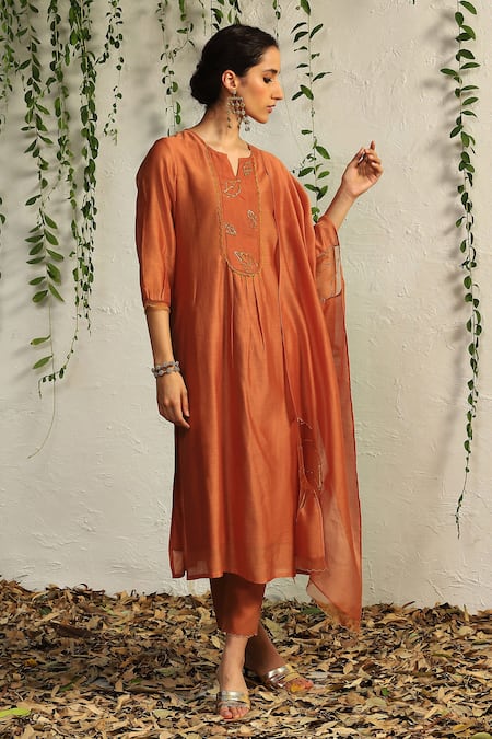 Charkhee Orange Chanderi, , Satin Embroidery Zari And Nakshi Kurta Pant Set Online at Aza Fashions Charkhee_Orange Chanderi, , Satin Embroidery Zari And Nakshi Kurta Pant Set _Online_at_Aza_Fashions