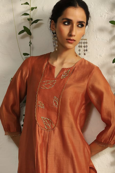 Buy Charkhee Orange Chanderi, , Satin Embroidery Zari And Nakshi Kurta Pant Set Online at Aza Fashions Buy_Charkhee_Orange Chanderi, , Satin Embroidery Zari And Nakshi Kurta Pant Set _Online_at_Aza_Fashions
